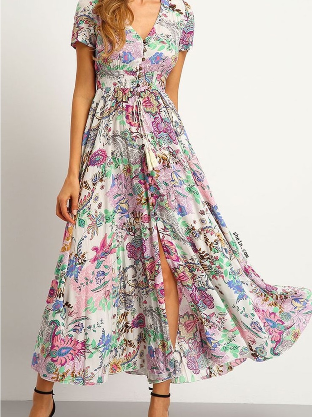 Floral Button-Front Maxi Dress in Pastel Multicolor